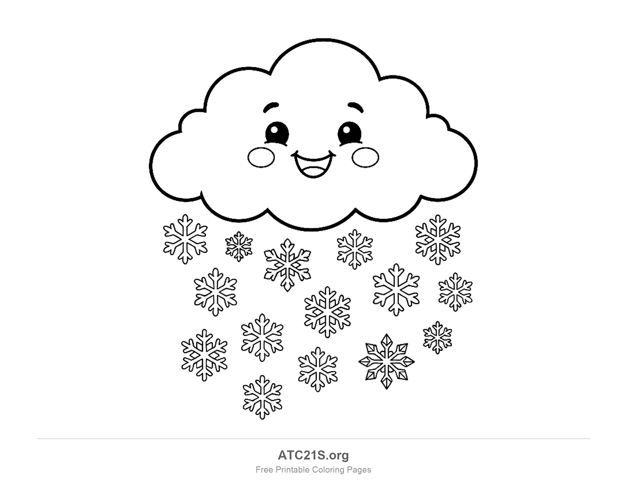 Grinning snow cloud with big eyes and rosy cheeks above fifteen small six-armed snowflakes of different designs, snowy weather coloring page for kids