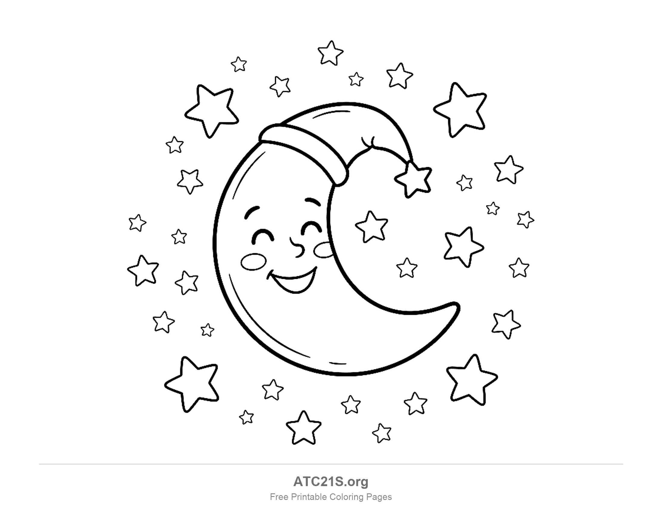Sleepy smiling crescent moon wearing a nightcap with a star on its tip, surrounded by a ring of many small stars, clear night sky weather coloring page for kids