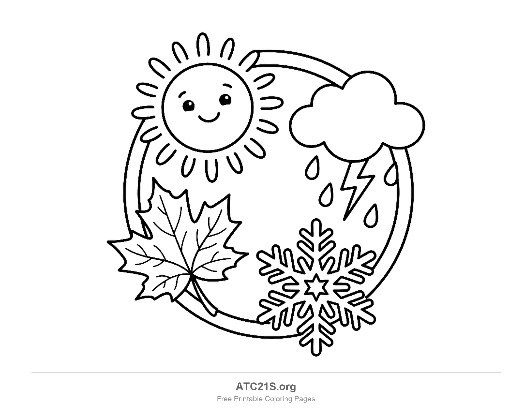 Circular four seasons weather wheel with a smiling sun, a cloud with raindrops and a lightning bolt, a veined maple leaf and a large snowflake, detailed weather coloring page for school-age kids