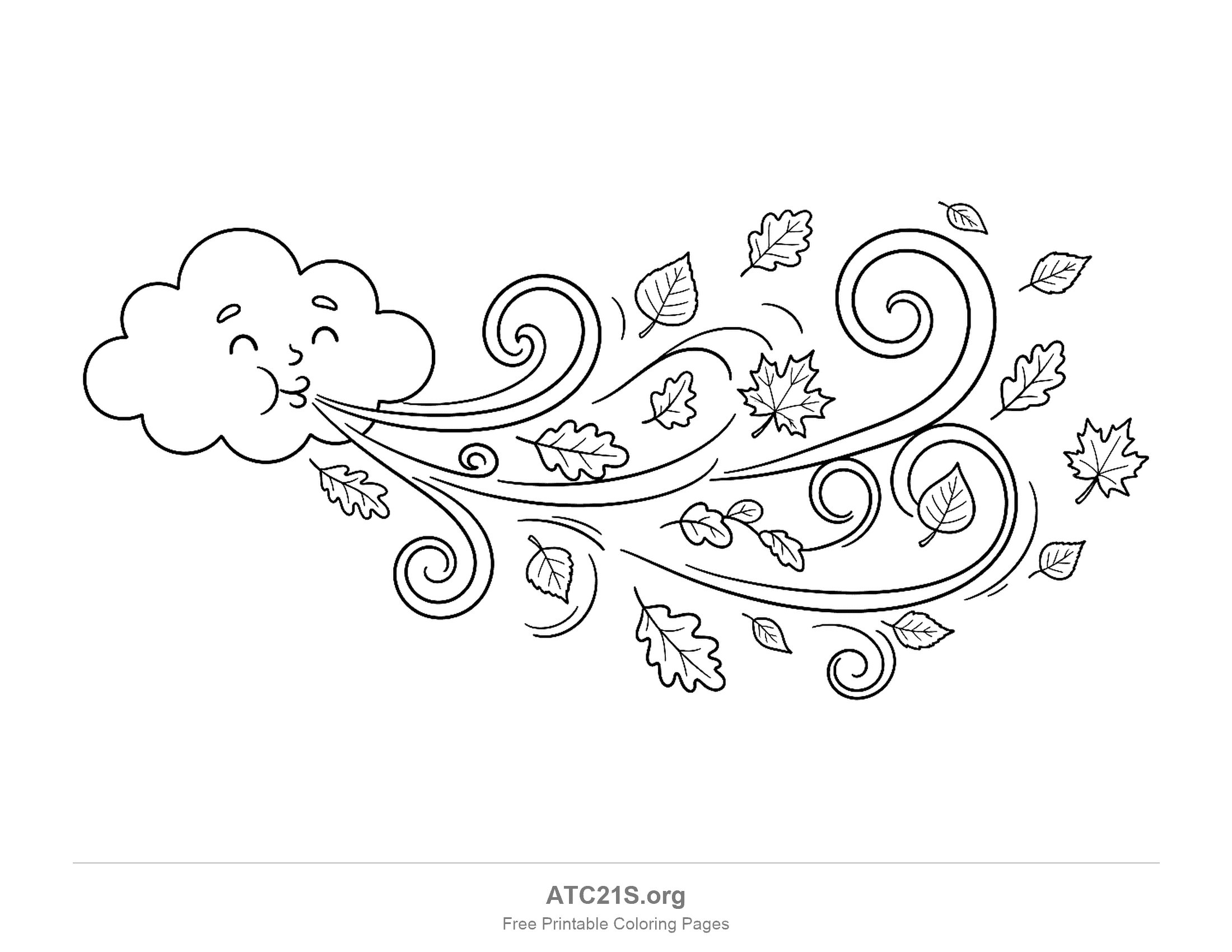 Cloud with puffed cheeks blowing a long gust of swirling wind lines filled with tumbling oak and maple leaves, detailed windy day weather coloring page for older kids