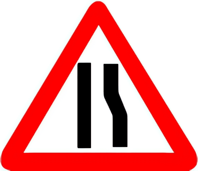 Reduced carriageway traffic sign colored