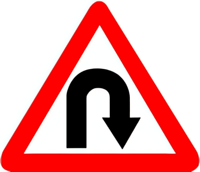 Right-hand pin bend traffic sign colored